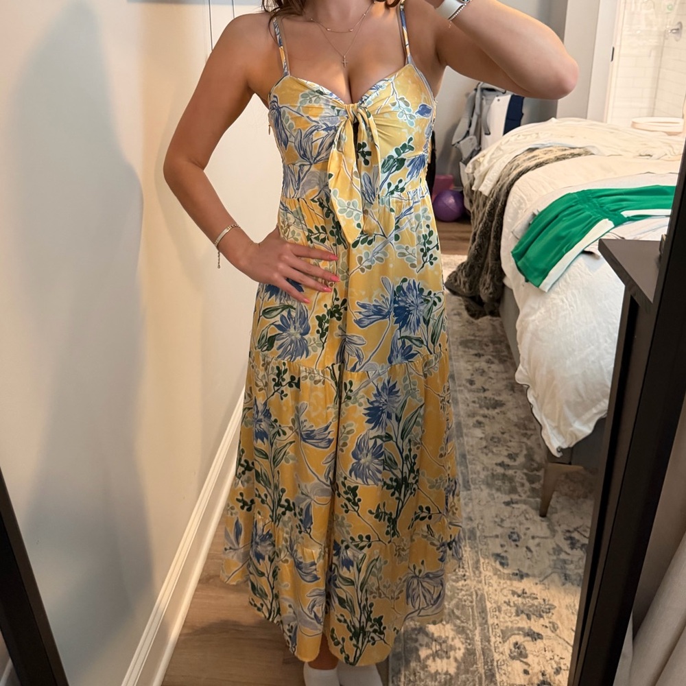 Heartloom Yellow Floral Maxi Dress with Tie Front and Spaghetti Straps